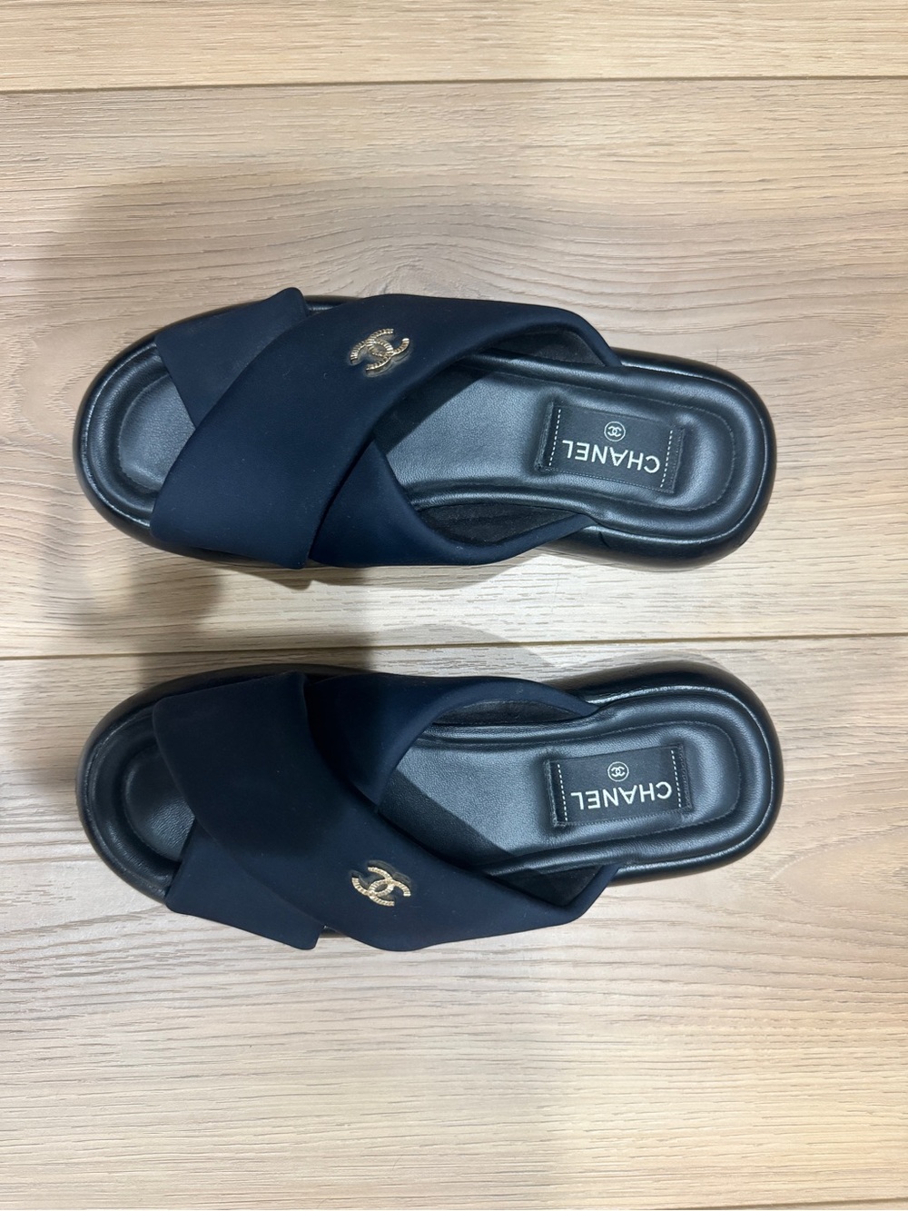 CHANEL Black Crisscross Slide Sandals with Gold CC